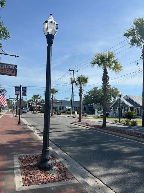 A street view features a decorative lamp post on a sidewalk with palm trees and buildings — 8284 W CATRINA LANE, CRYSTAL RIVER, FL