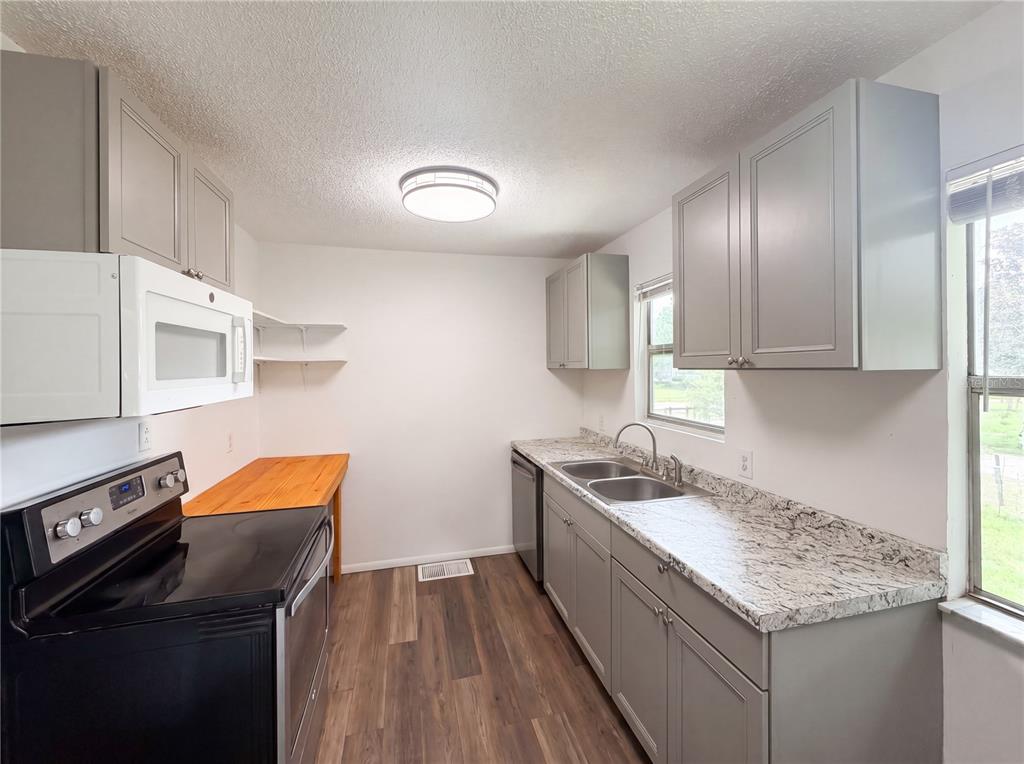 A kitchen features gray cabinets, granite countertops, a black stove, and wood-look flooring — 22415 HORIZON VISTAS DRIVE, EUSTIS, FL