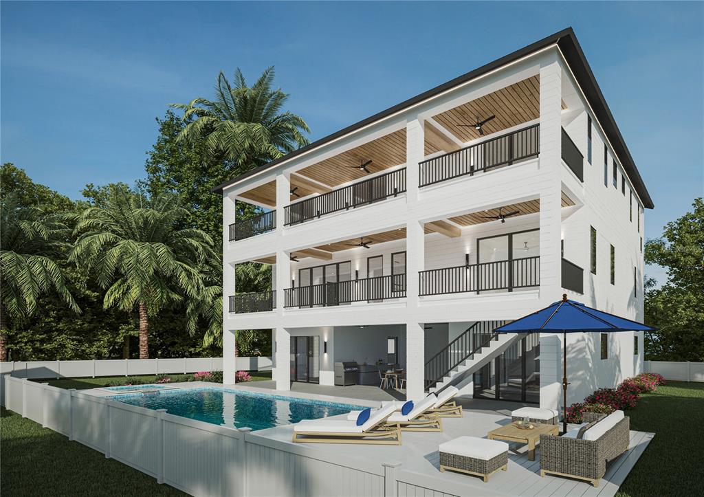 This is a rendering of a three-story white house with balconies and a backyard pool — 160 GARDEN LANE, SARASOTA, FL
