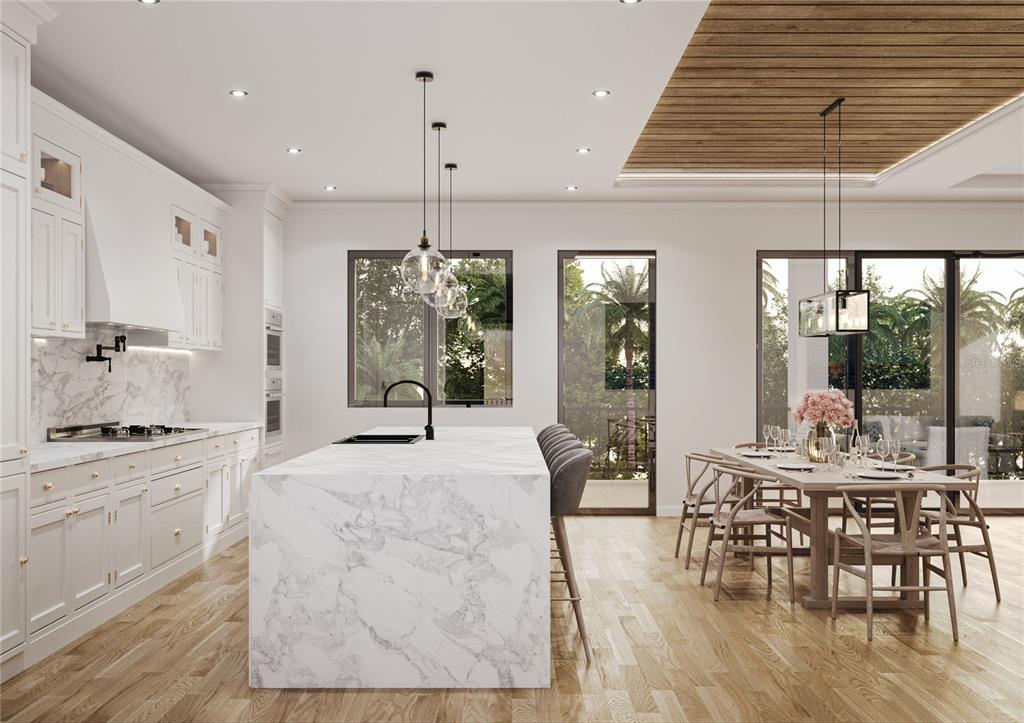 This is a rendering of a modern kitchen and dining area with marble countertops — 160 GARDEN LANE, SARASOTA, FL