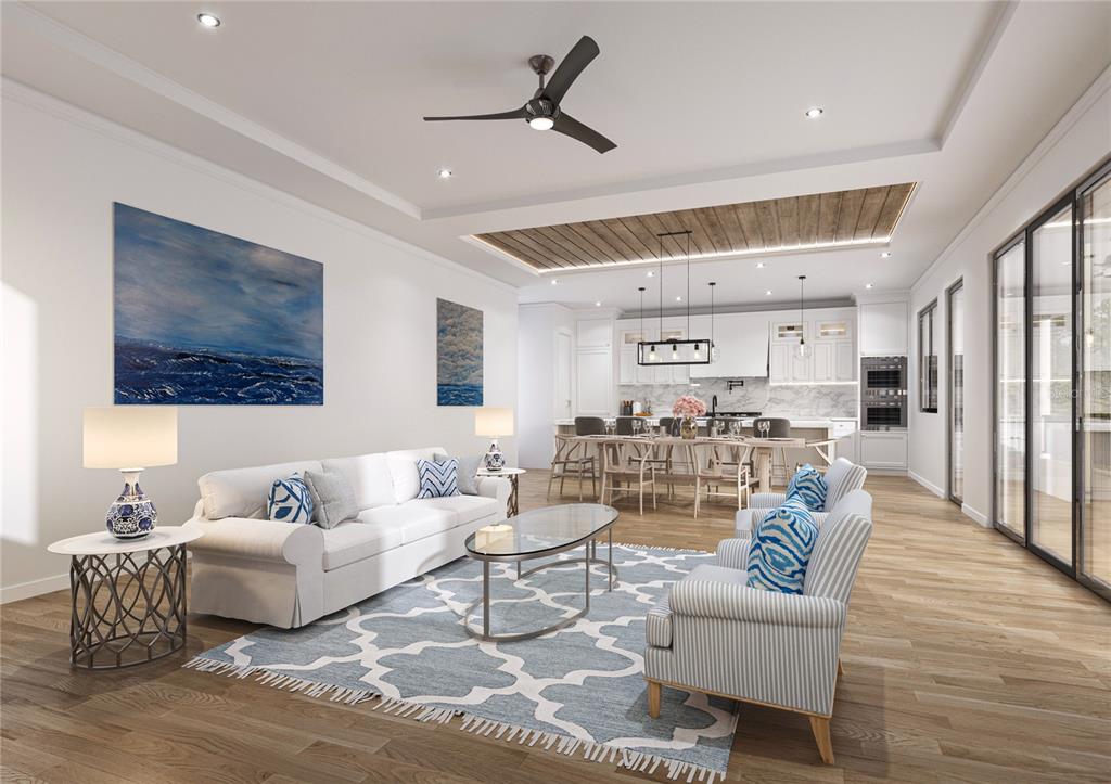 This rendering shows an open-concept living room and kitchen with white cabinetry and wood ceilings — 160 GARDEN LANE, SARASOTA, FL