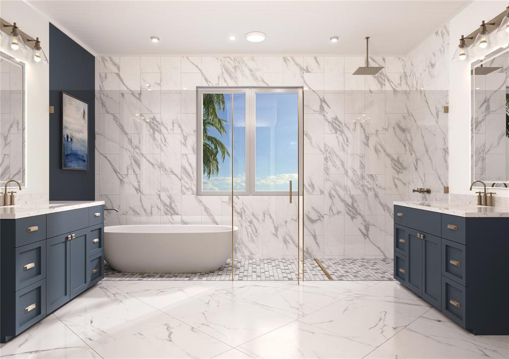 This rendering shows a modern bathroom with blue vanities, a freestanding tub, and marble tile — 160 GARDEN LANE, SARASOTA, FL