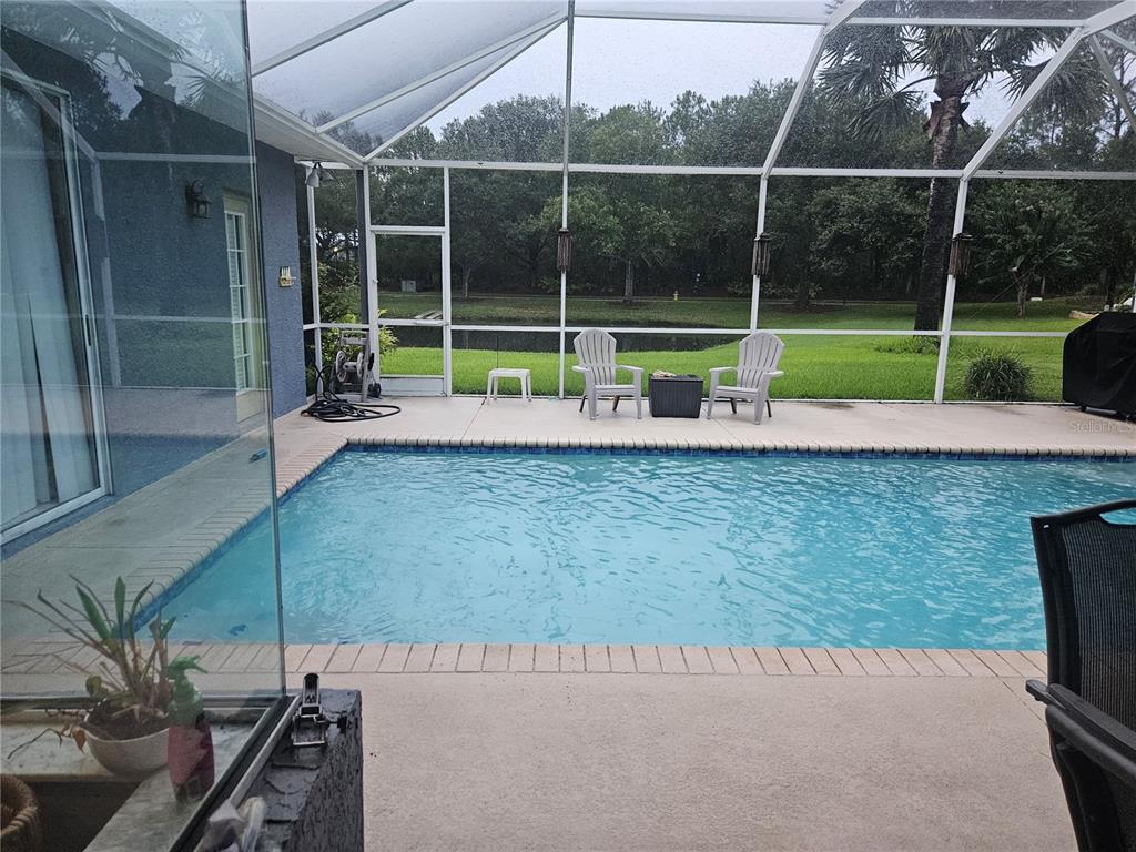 A screened-in pool patio features a rectangular swimming pool, two chairs, and a grassy backyard — 14510 CORKWOOD DRIVE, TAMPA, FL
