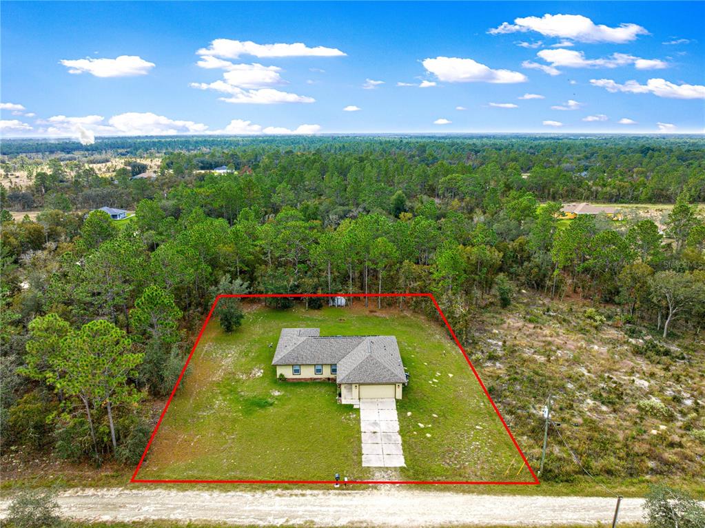 An aerial view shows a single-story house with a concrete driveway on a wooded lot — 12182 SW 91ST LANE, DUNNELLON, FL