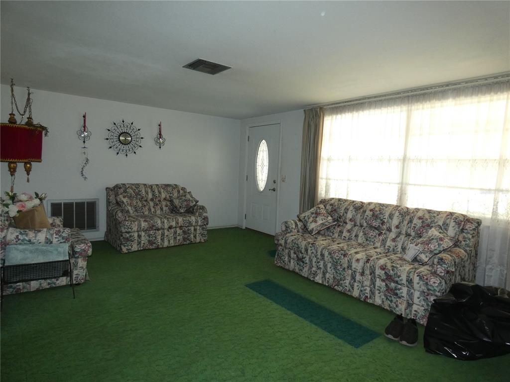 A living room features green wall-to-wall carpeting, floral-patterned furniture, and a white front door — 5248 IRONWOOD LANE, NEW PORT RICHEY, FL