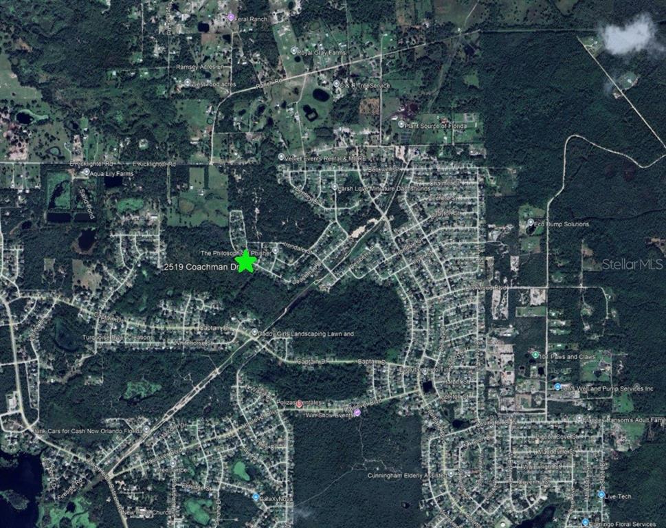 This is an aerial map showing a residential area with a green star marker — 2519 COACHMAN DRIVE, DELTONA, FL