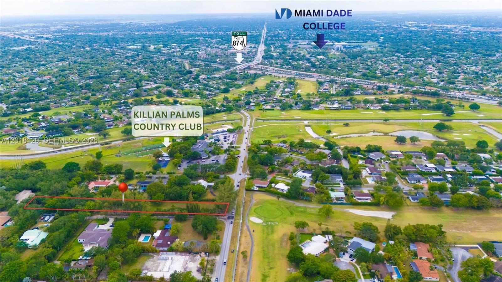 This aerial view shows a vacant rectangular lot outlined in red near a golf course — 9840 SW 104th St, Miami FL 33176, MIAMI, FL