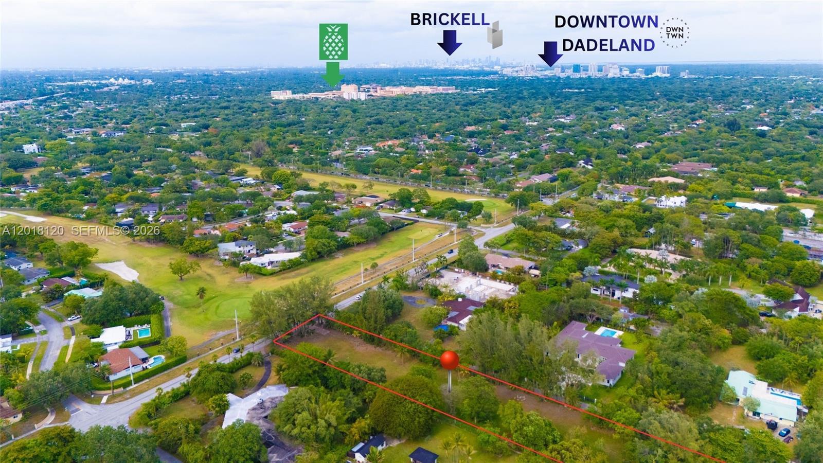 This aerial view shows a vacant, tree-covered lot outlined in red within a residential neighborhood — 9840 SW 104th St, Miami FL 33176, MIAMI, FL