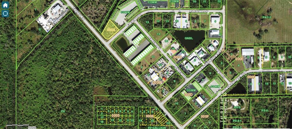 This is an aerial map showing commercial and industrial properties along several intersecting roads — 25360 FORTRAN DRIVE, PUNTA GORDA, FL