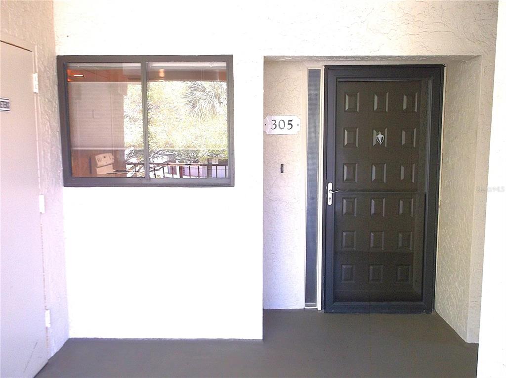 The exterior entrance of a residential unit features a dark door, a window, and number 305 — 9433 HARBOR GREENS WAY UNIT 305, SEMINOLE, FL