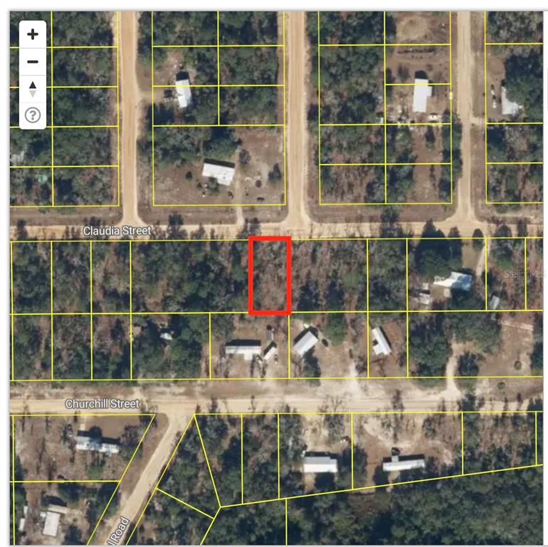 An aerial map view shows a rectangular lot highlighted in red between two dirt roads — CLAUDIA STREET, INTERLACHEN, FL