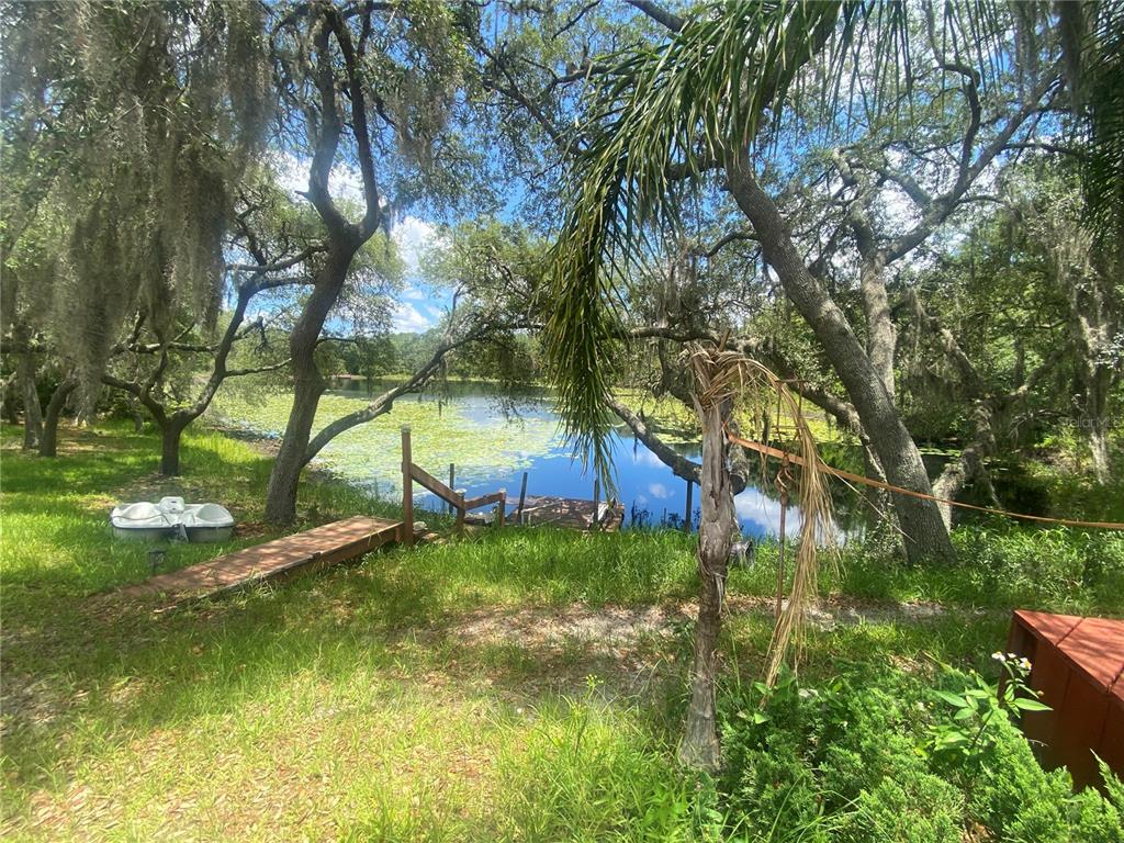 A wooden dock leads to a small pond surrounded by trees with hanging Spanish moss — 219 SHADY LANE, ORANGE CITY, FL