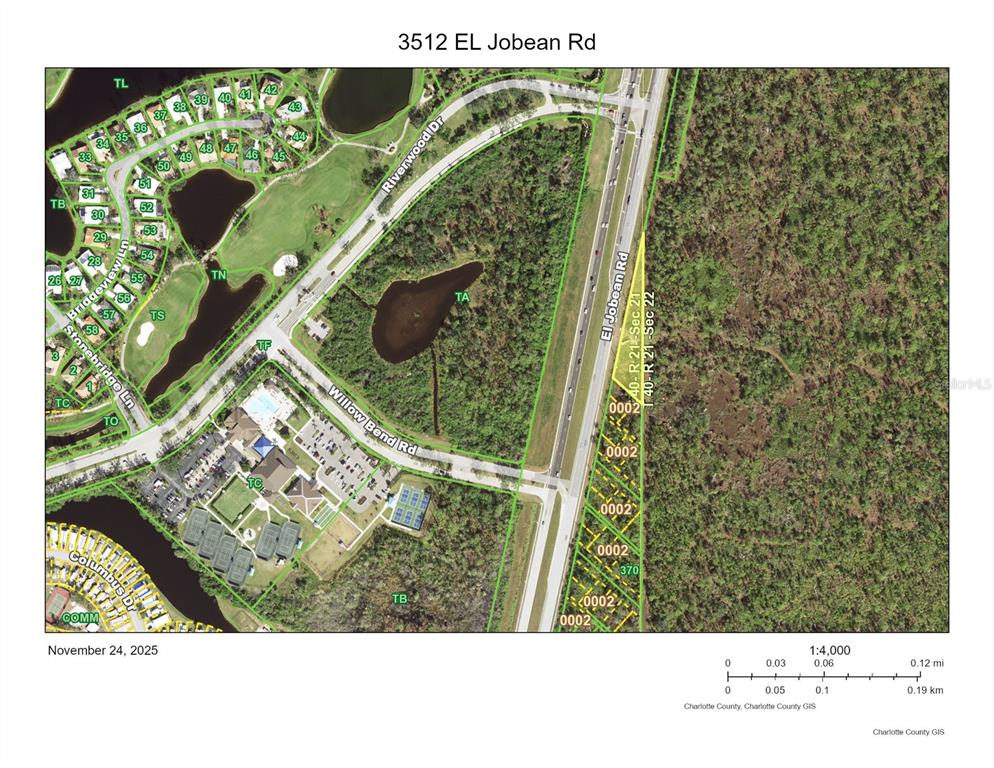 This is a map showing a residential area with roads, ponds, and numbered lots — 3512 EL JOBEAN ROAD, PORT CHARLOTTE, FL