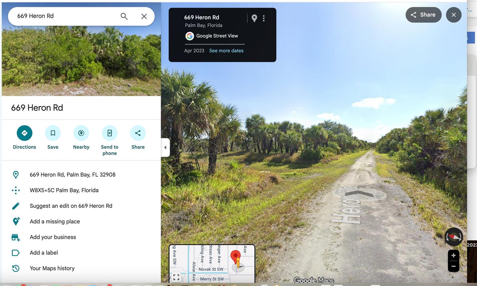 This is a Google Maps street view showing a dirt road surrounded by dense vegetation — 669 Heron Road, Palm Bay FL 32908, PALM BAY, FL