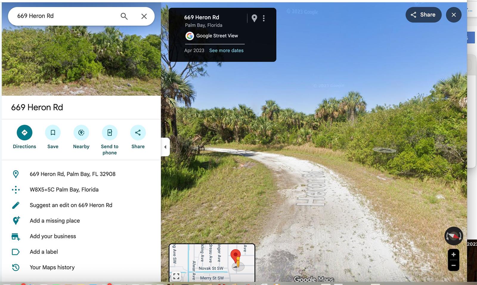A Google Maps street view image shows a dirt road surrounded by dense green vegetation — 669 Heron Road, Palm Bay FL 32908, PALM BAY, FL