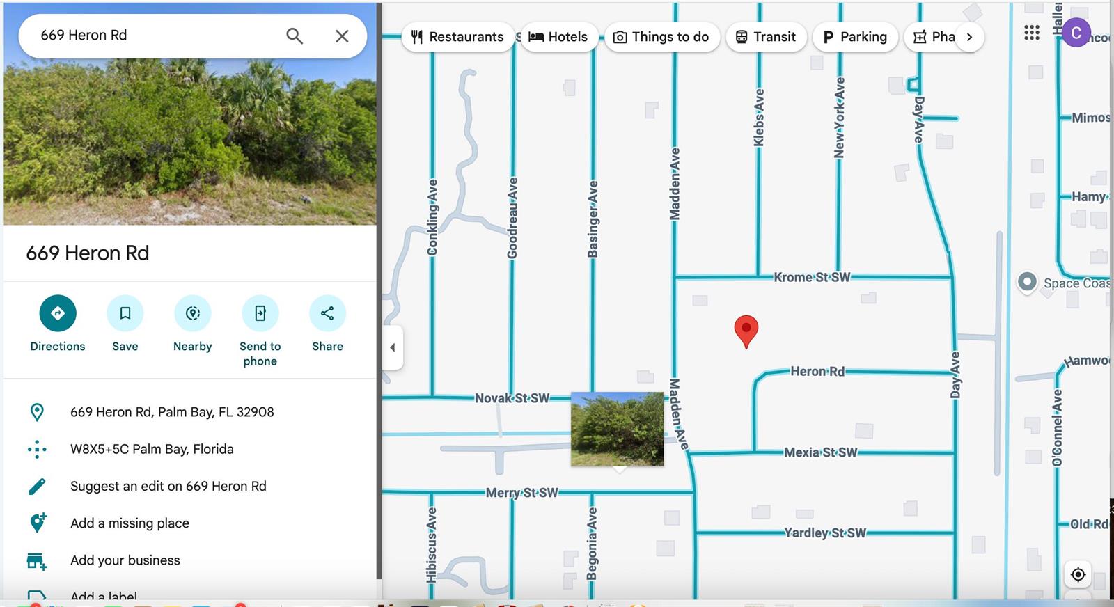 This is a digital map showing the location of a property in Palm Bay, Florida — 669 Heron Road, Palm Bay FL 32908, PALM BAY, FL