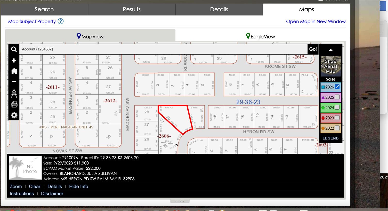 This is a digital property tax map showing parcel boundaries and lot dimensions in Palm Bay — 669 Heron Road, Palm Bay FL 32908, PALM BAY, FL