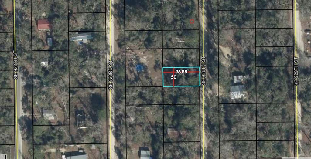 This is an aerial map showing a rectangular plot of land highlighted in blue — 000 926TH STREET, OLD TOWN, FL