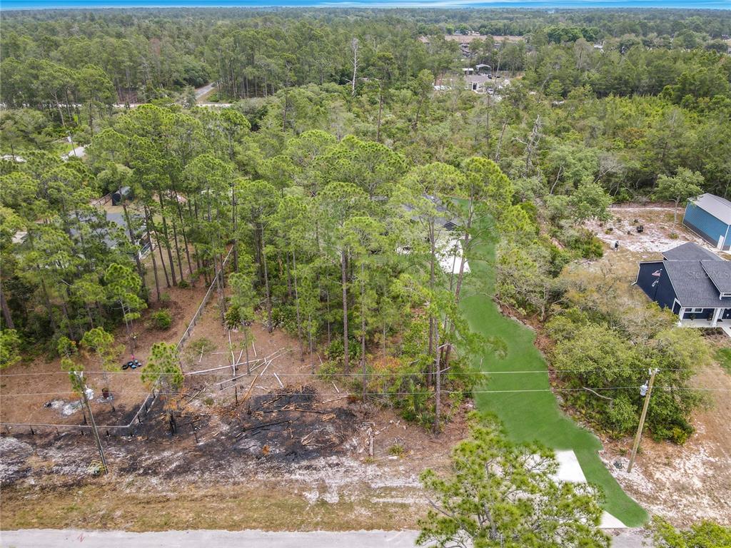 An aerial view shows a wooded residential lot with a cleared area and nearby houses — 41260 BALSAM STREET, EUSTIS, FL