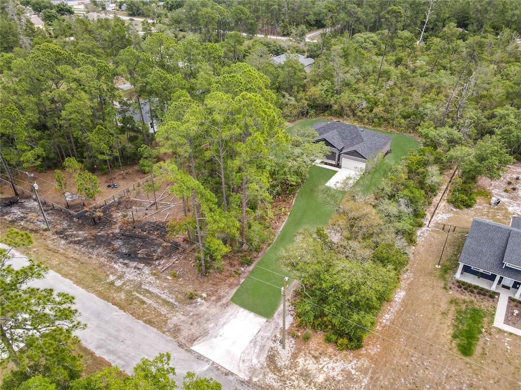 An aerial view shows a house with a long driveway surrounded by trees and vegetation — 41260 BALSAM STREET, EUSTIS, FL