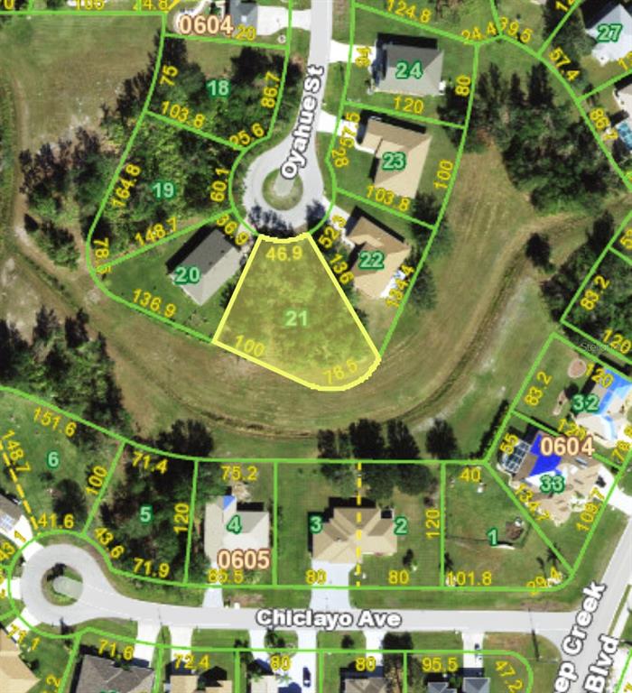 This is an aerial map showing residential property lot lines and street layouts — 304 OYAHUE STREET, PUNTA GORDA, FL