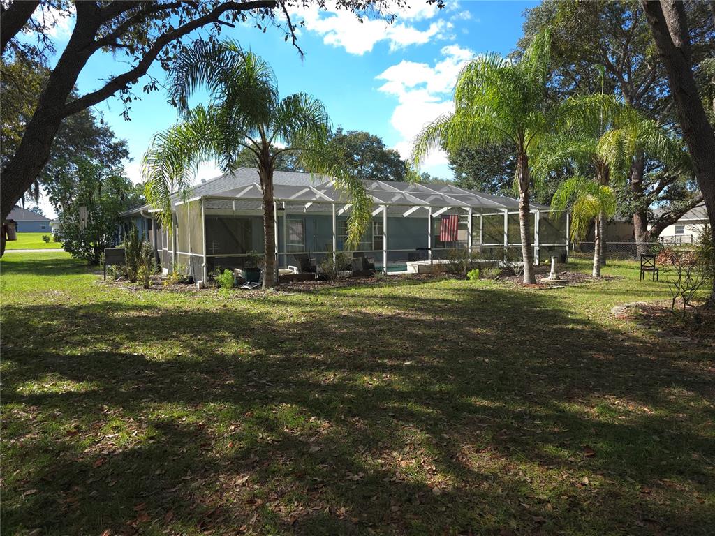 A backyard view of a house with a screened-in pool enclosure and palm trees — 11179 SW 61ST CIRCLE, OCALA, FL