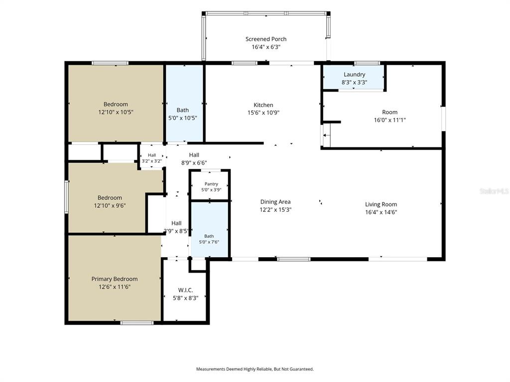 This is a floor plan showing the layout of a house with three bedrooms and two bathrooms — 1116 E OAKWOOD STREET, TARPON SPRINGS, FL