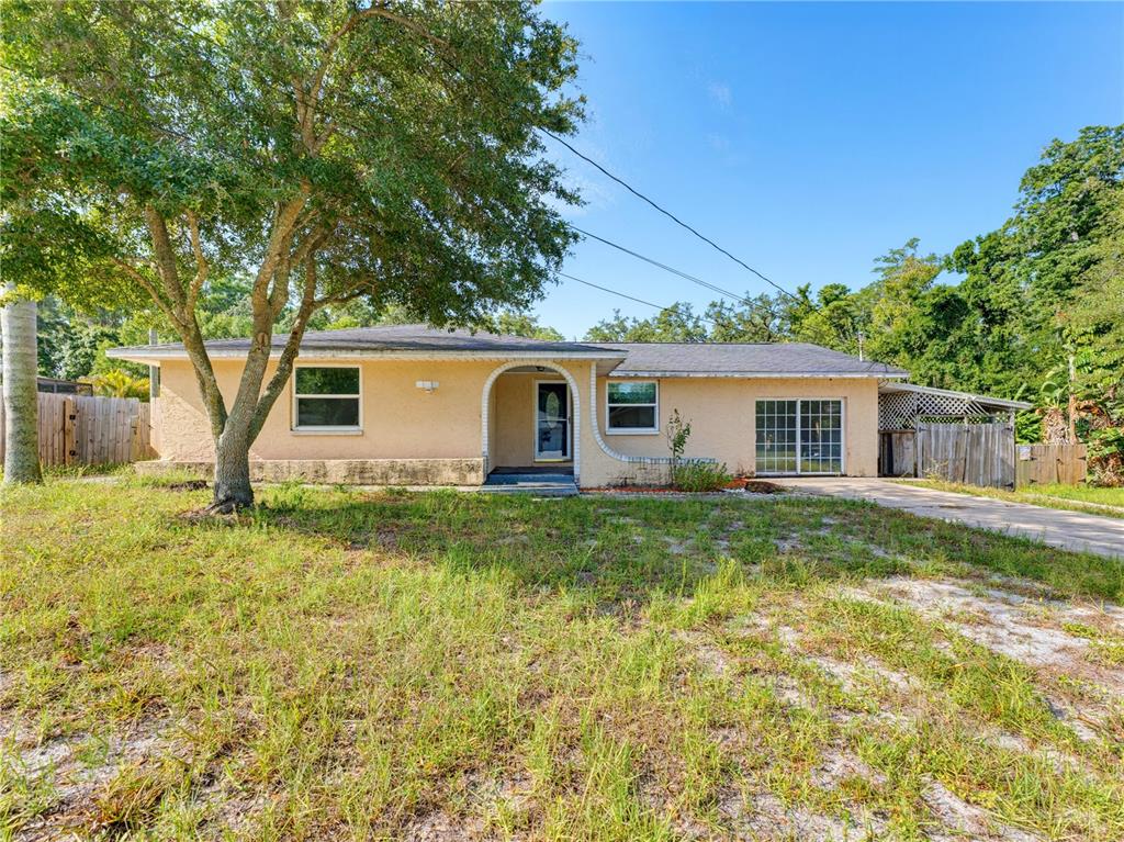 A single-story, light-colored stucco house with a large tree in the front yard — 1116 E OAKWOOD STREET, TARPON SPRINGS, FL