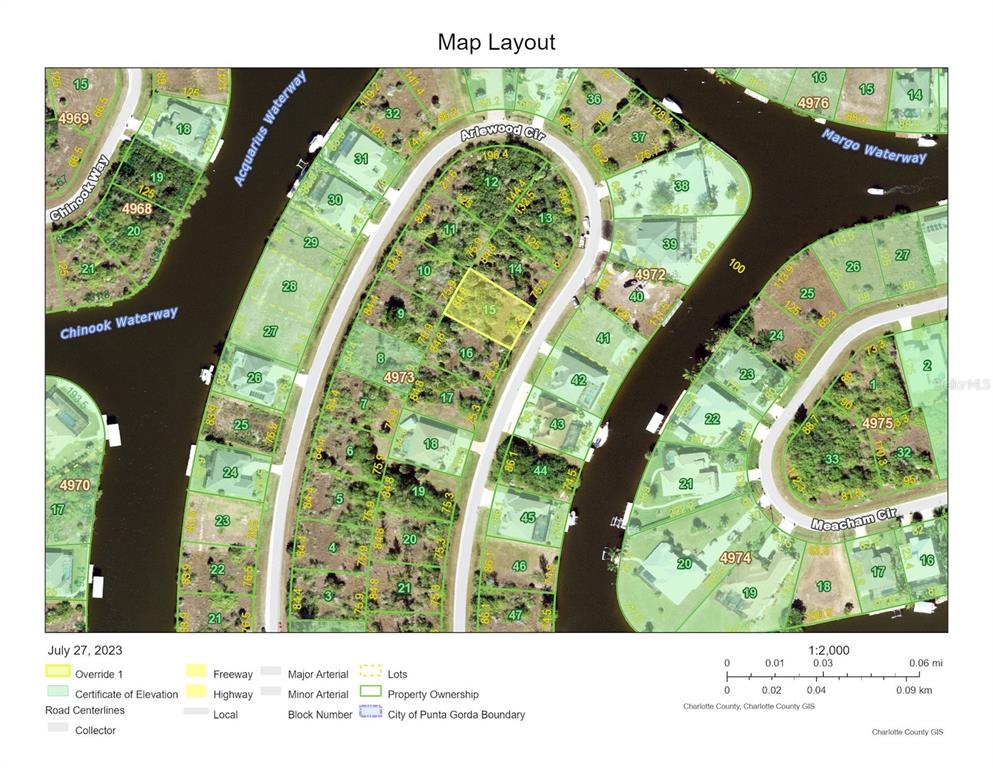 This is a map layout showing residential lots and waterways in a neighborhood — 8233 ARLEWOOD CIRCLE, PORT CHARLOTTE, FL