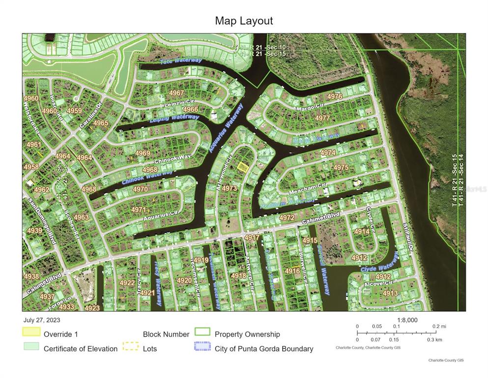 This is a map showing property lots and waterways in a residential neighborhood — 8233 ARLEWOOD CIRCLE, PORT CHARLOTTE, FL