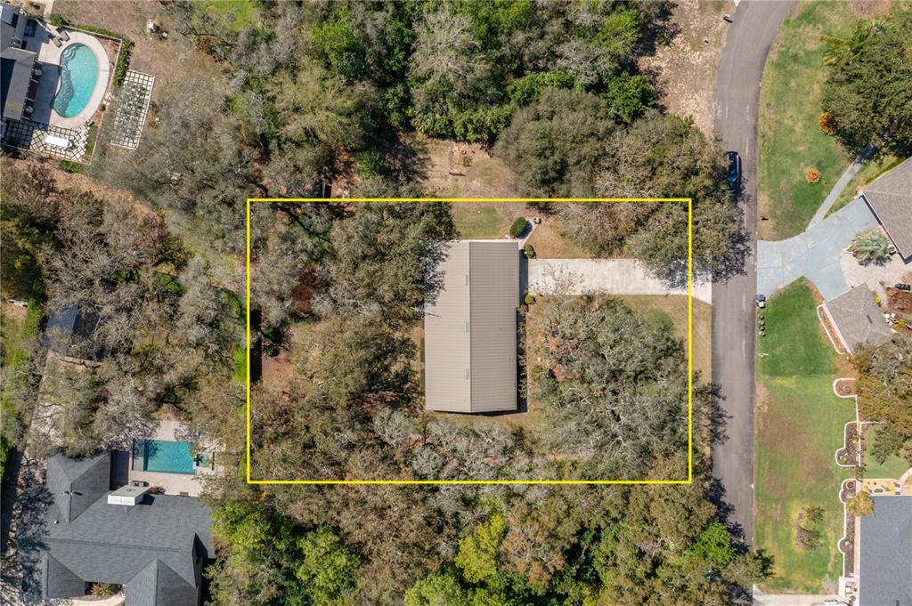 An aerial view shows a house with a metal roof surrounded by trees and landscaping — 41 SPRING LANE, HAINES CITY, FL