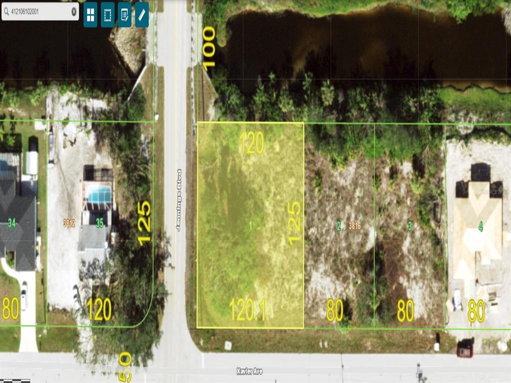 This is a map showing a vacant rectangular lot highlighted in yellow along a road — 12010 XAVIER AVENUE, PORT CHARLOTTE, FL