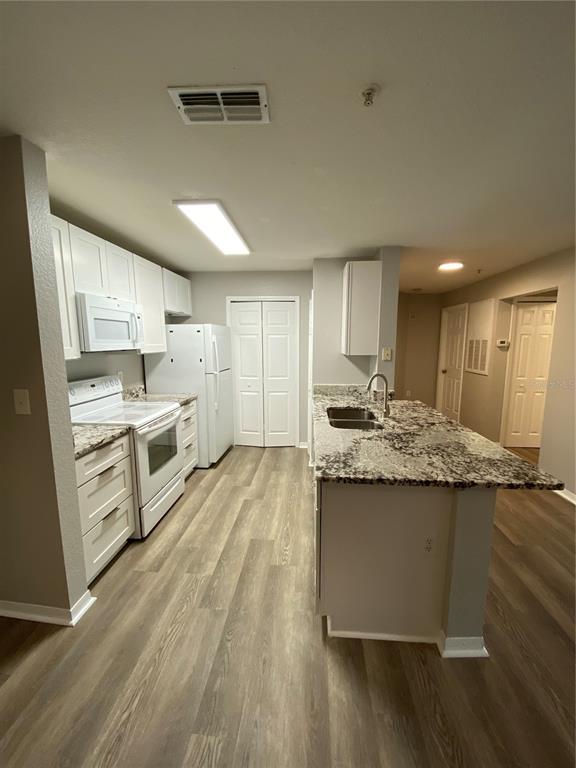 A kitchen features white cabinets, granite countertops, a center island, and light wood-look flooring — 5479 VINELAND ROAD UNIT 9213, ORLANDO, FL