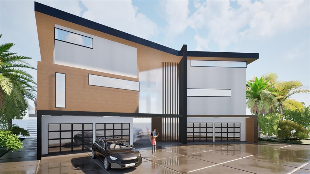 This is a rendering of a modern two-story house with a four-car garage and driveway — 7940 GARDEN DRIVE N, ST PETERSBURG, FL