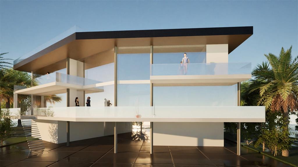 This architectural rendering shows a modern, multi-level home with glass walls and expansive balconies — 7940 GARDEN DRIVE N, ST PETERSBURG, FL