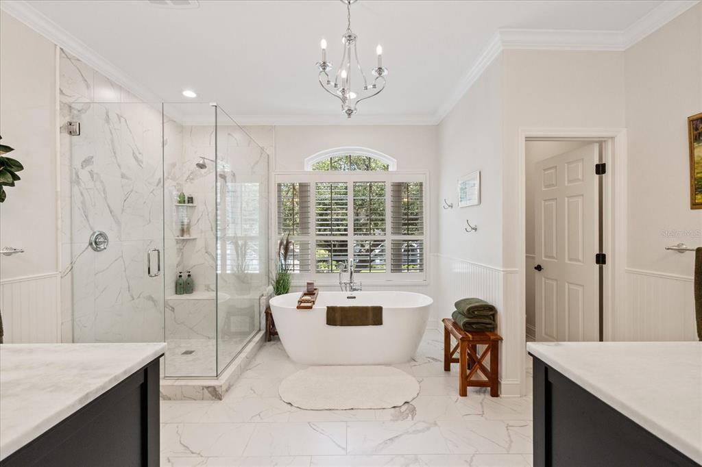 A bathroom features a freestanding tub, a glass-enclosed shower, and white marble-style tile flooring — 4151 LA SALLE DRIVE, PALM HARBOR, FL