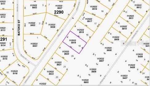 This is a property tax map showing lot 19 highlighted in purple — INKWOOD DRIVE, NORTH PORT, FL