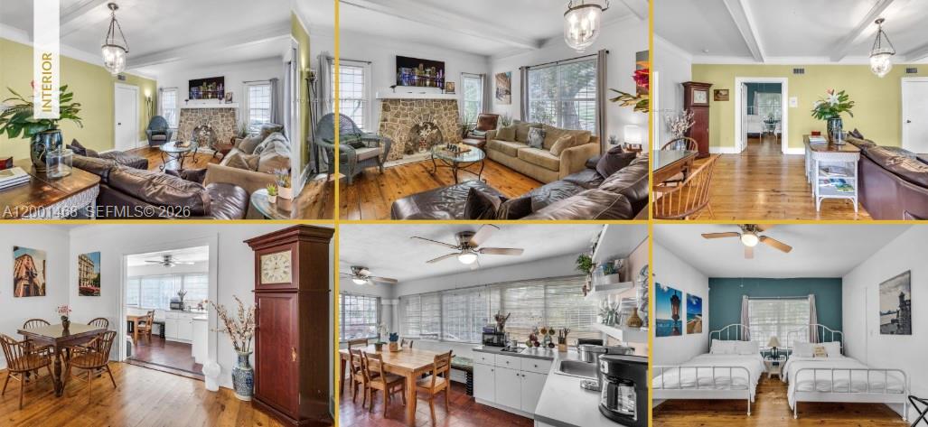 This collage displays various interior rooms featuring hardwood floors, a stone fireplace, and furniture — 314 NE 26th Ter, Miami FL 33137, MIAMI, FL
