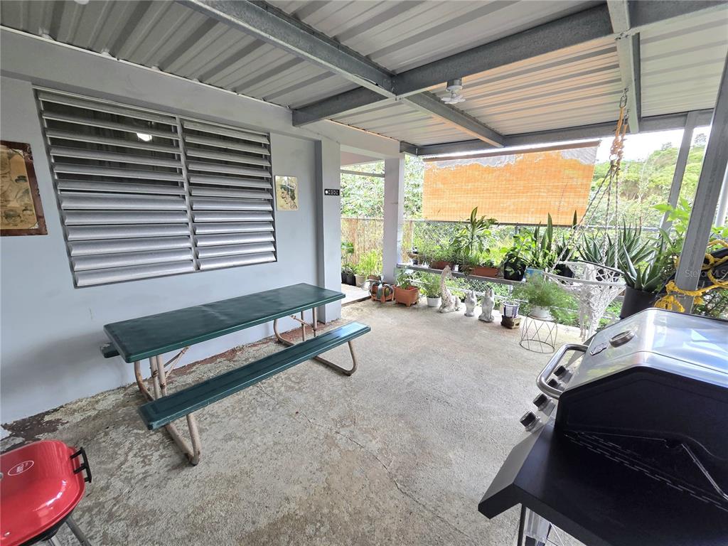 A covered concrete patio features a picnic table, a grill, and various potted plants — 173 KM 15.8, CIDRA, PR