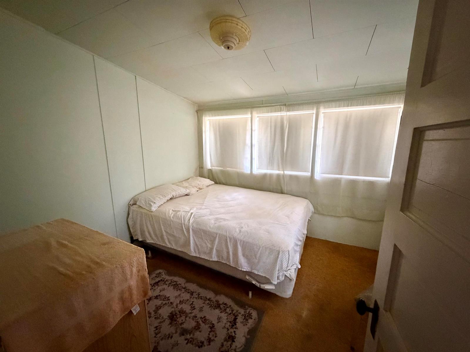 A bedroom with light green walls, a bed, a patterned rug, and three windows — 207 SE 4th Street, Okeechobee FL 34974, OKEECHOBEE, FL