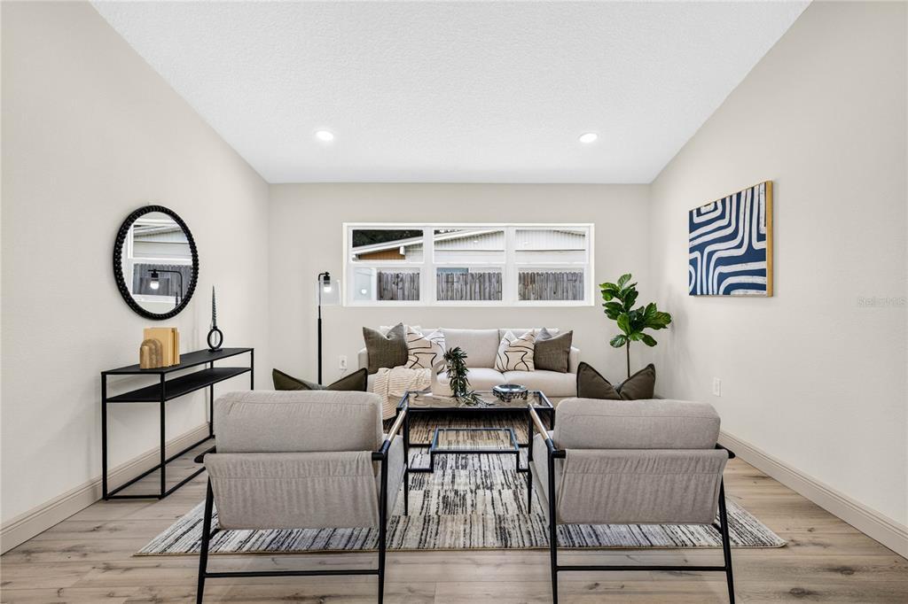 A living room features light wood floors, a sofa, two armchairs, and a modern rug — 10920 N 14TH STREET, TAMPA, FL