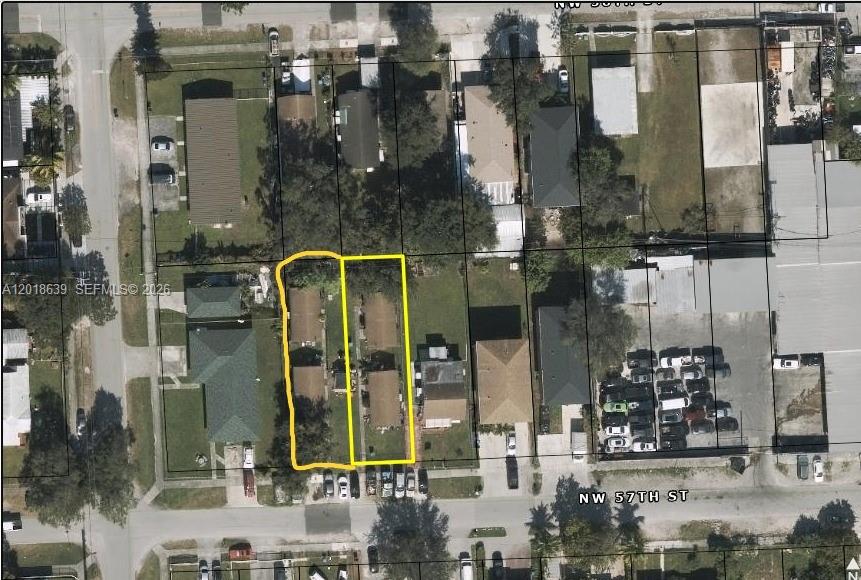 This aerial map shows two adjacent residential lots highlighted in yellow on a city street — 2775 NW 57th St, Miami FL 33142, MIAMI, FL