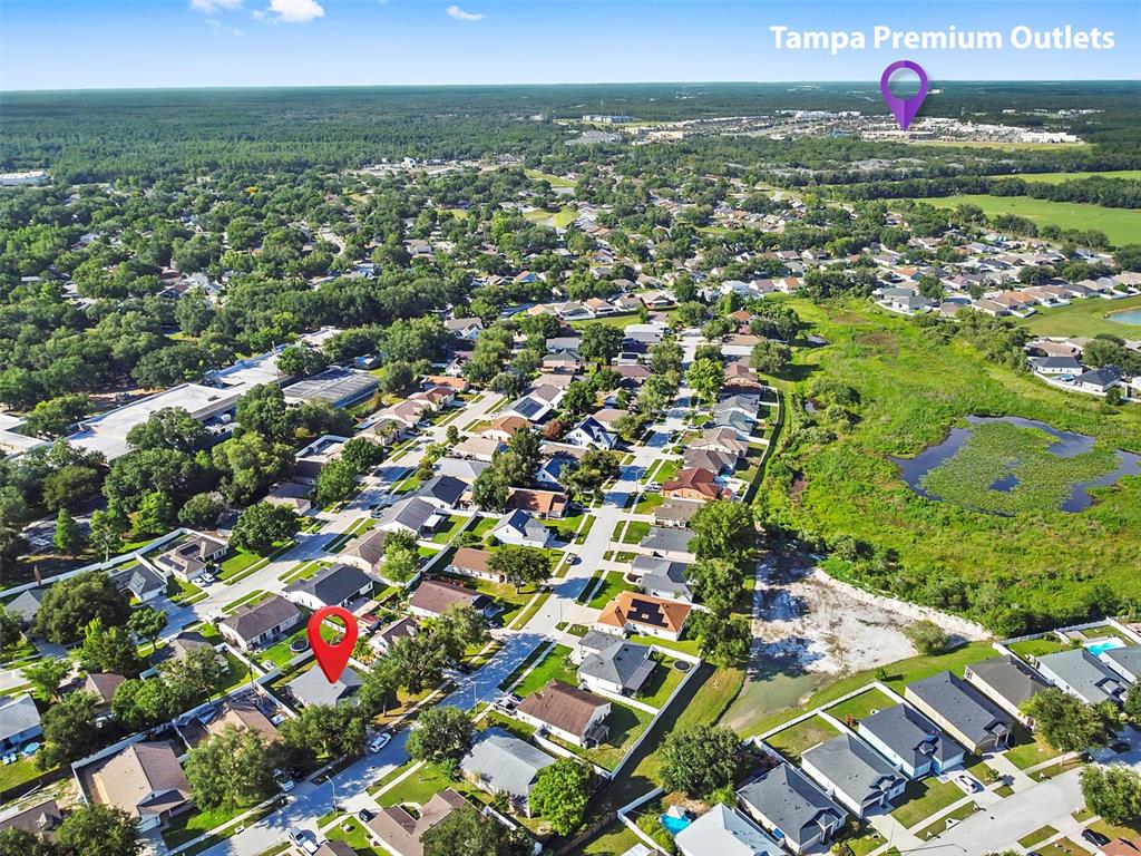 This aerial view shows a residential neighborhood with a marked house and nearby shopping center — 1239 AVONWOOD COURT, LUTZ, FL
