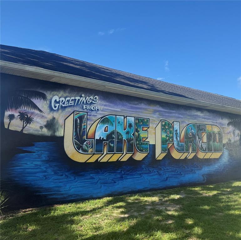 A large, colorful mural reading Greetings From Lake Placid is painted on a building exterior wall — 548 VENUS AVENUE, LAKE PLACID, FL