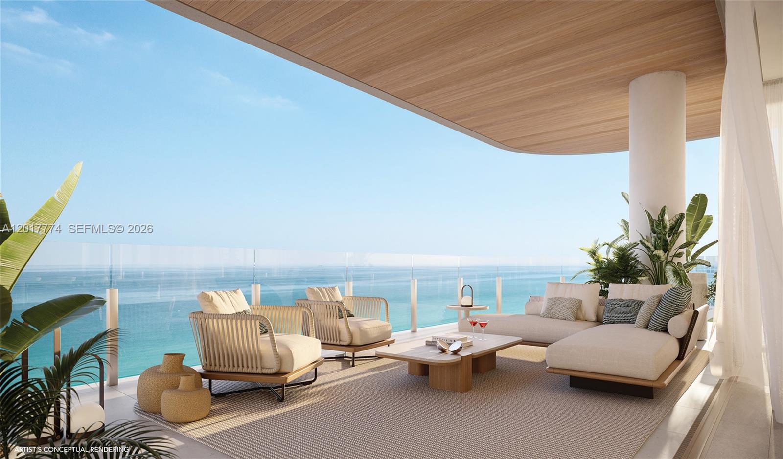 This is a rendering of a modern balcony featuring outdoor furniture overlooking the ocean — 9317 Collins Avenue # 701, Surfside FL 33154, SURFSIDE, FL