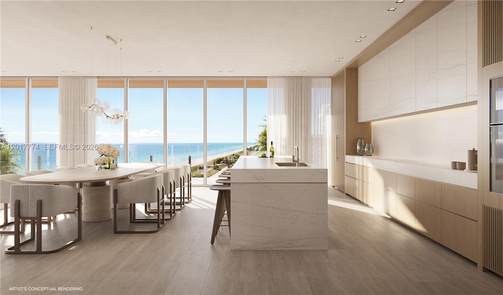 This is an artist's conceptual rendering of a modern kitchen and dining area overlooking the ocean — 9317 Collins Avenue # 701, Surfside FL 33154, SURFSIDE, FL