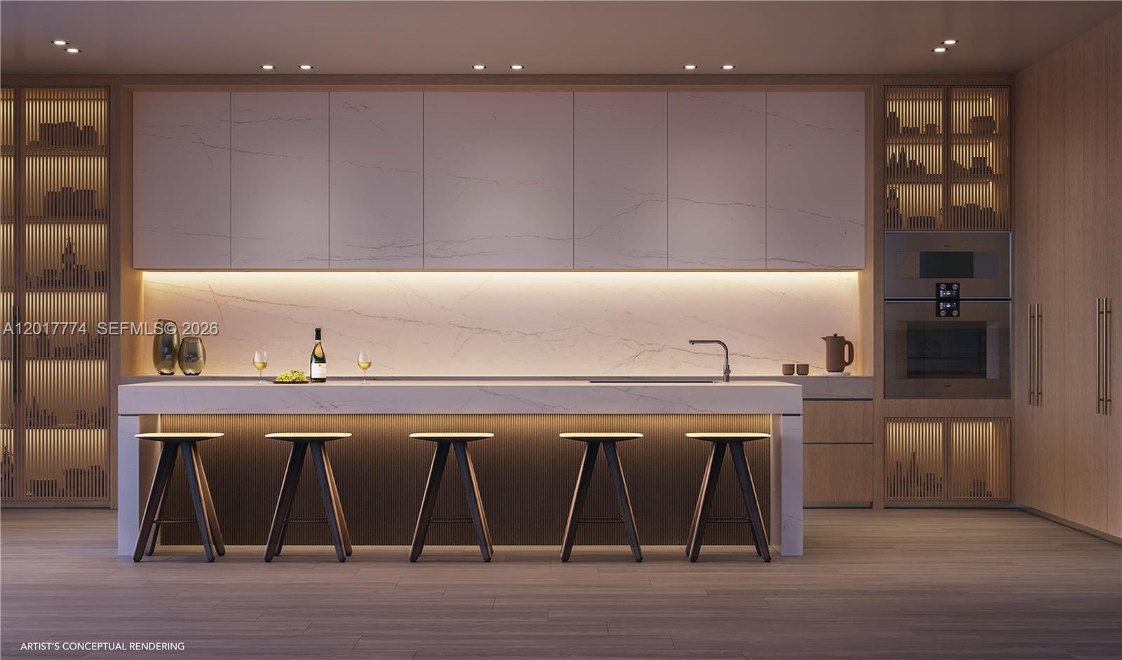 This is a rendering of a modern kitchen featuring a marble island and cabinetry — 9317 Collins Avenue # 701, Surfside FL 33154, SURFSIDE, FL