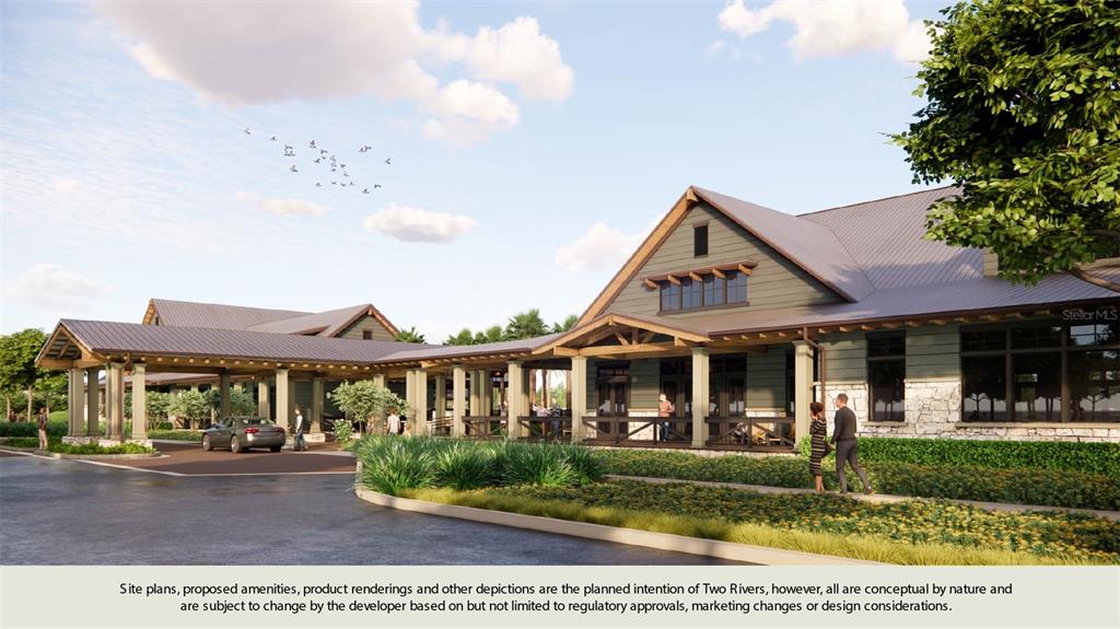 This architectural rendering shows the exterior of a clubhouse with a covered entrance and landscaping — 2250 WISE RIVER LANE, ZEPHYRHILLS, FL