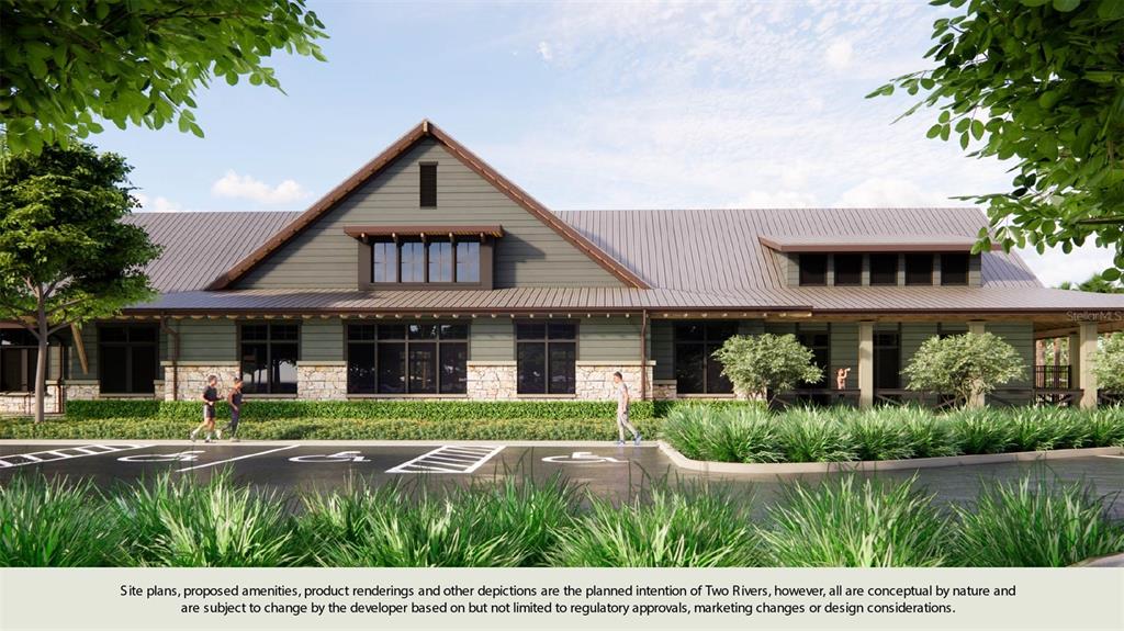A rendering of a single-story building with a metal roof, stone base, and parking lot — 2250 WISE RIVER LANE, ZEPHYRHILLS, FL