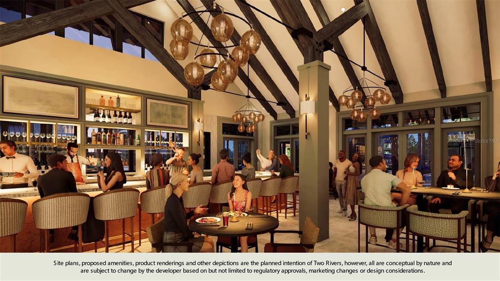 This rendering shows a rustic-style bar and lounge area with vaulted ceilings and pendant lighting — 2250 WISE RIVER LANE, ZEPHYRHILLS, FL